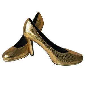 Colin Stuart Metallic Gold Leather Faux Snake Texture Heels, Size 7.5